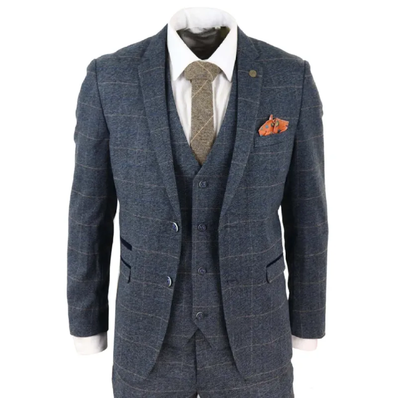 Scott - Men's Blue Check 3 Piece Suit Herringbone Tweed Grey Velvet sold by Tru Clothing
