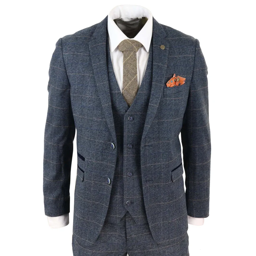 Scott - Men's Blue Check 3 Piece Suit Herringbone Tweed Grey Velvet sold by Tru Clothing