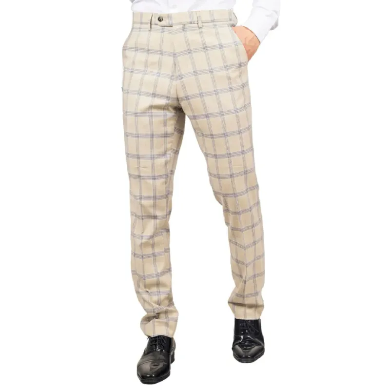 Warwick - Men's Beige Checked Trousers sold by Tru Clothing