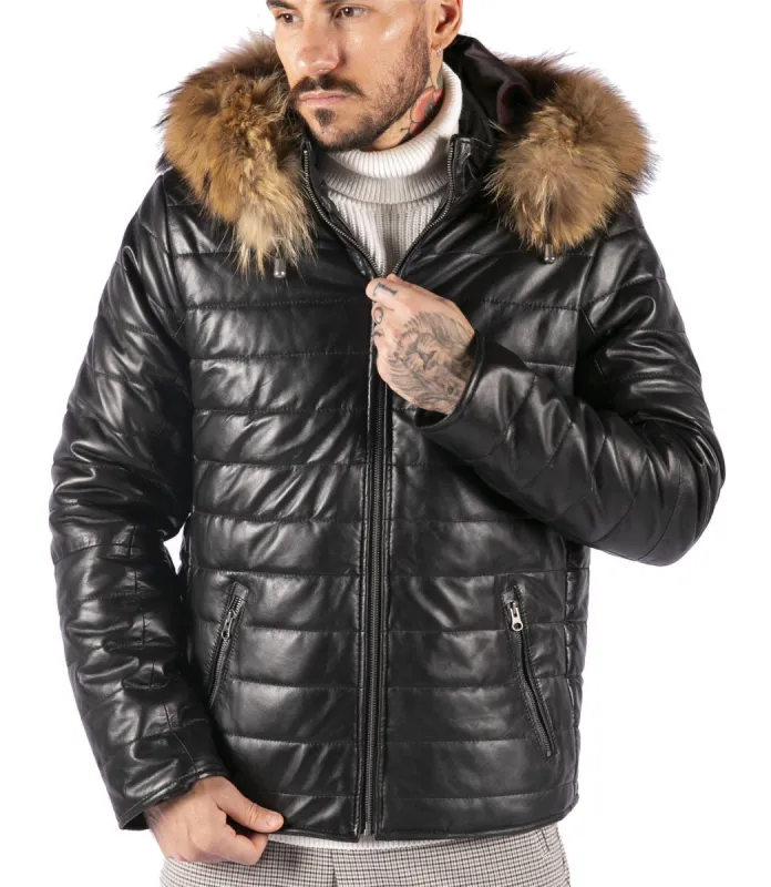 Men's Leather Black Puffer Jacket With Hood Warm Zipped sold by Tru Clothing