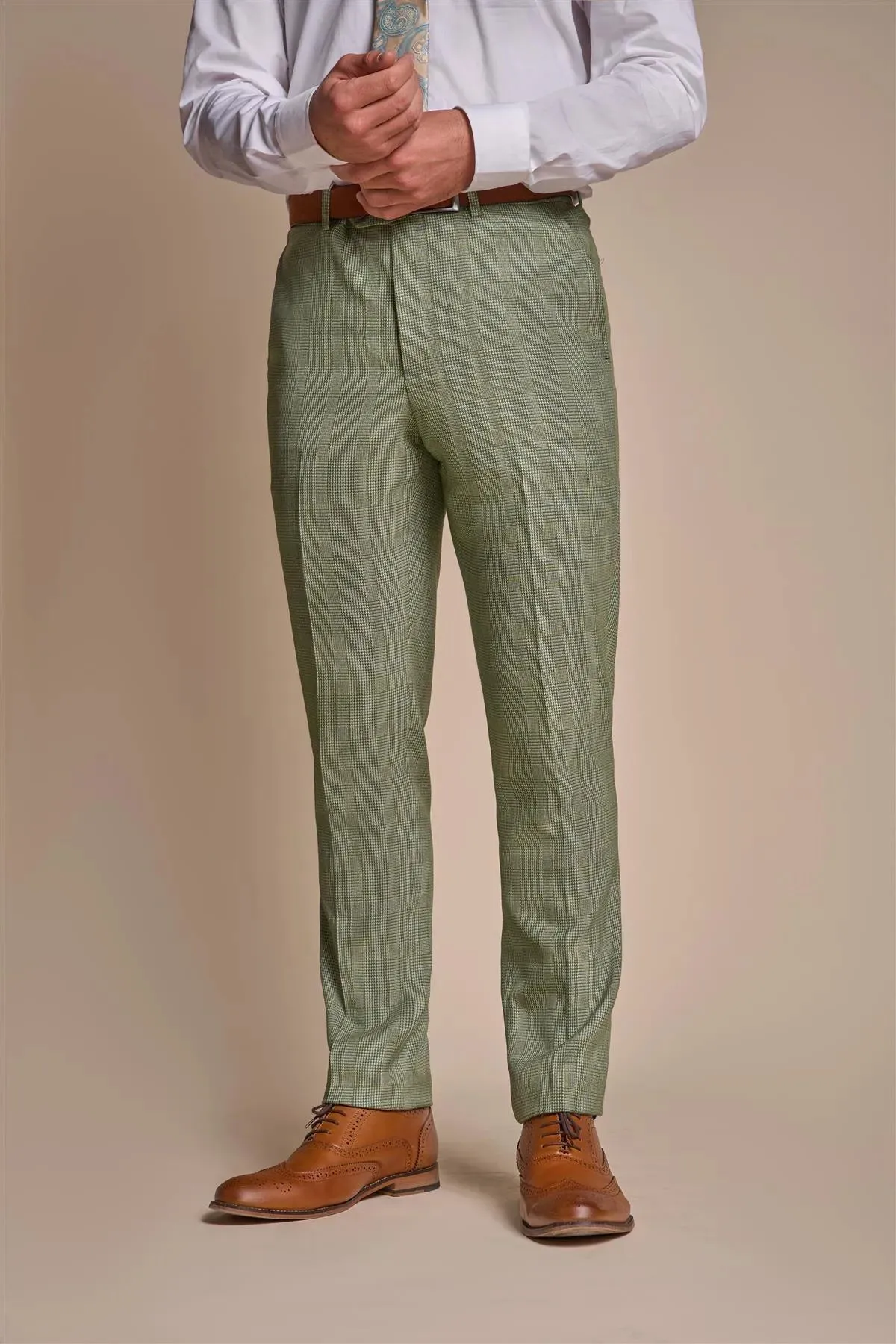 Caridi - Men's Sage Green Checked Trousers sold by Tru Clothing