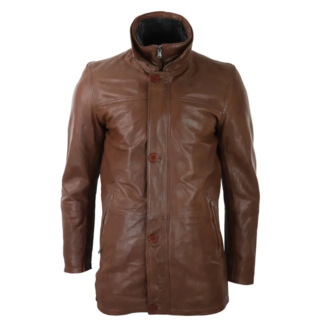 Men's 3/4 Long Leather Safari Jacket Classic Car Coat Zip Button Cover sold by Tru Clothing product image thumbnail 4
