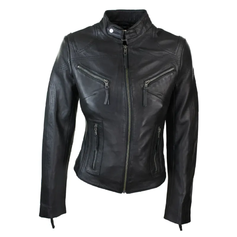 Women's Leather Black Tan Biker Jacket sold by Tru Clothing