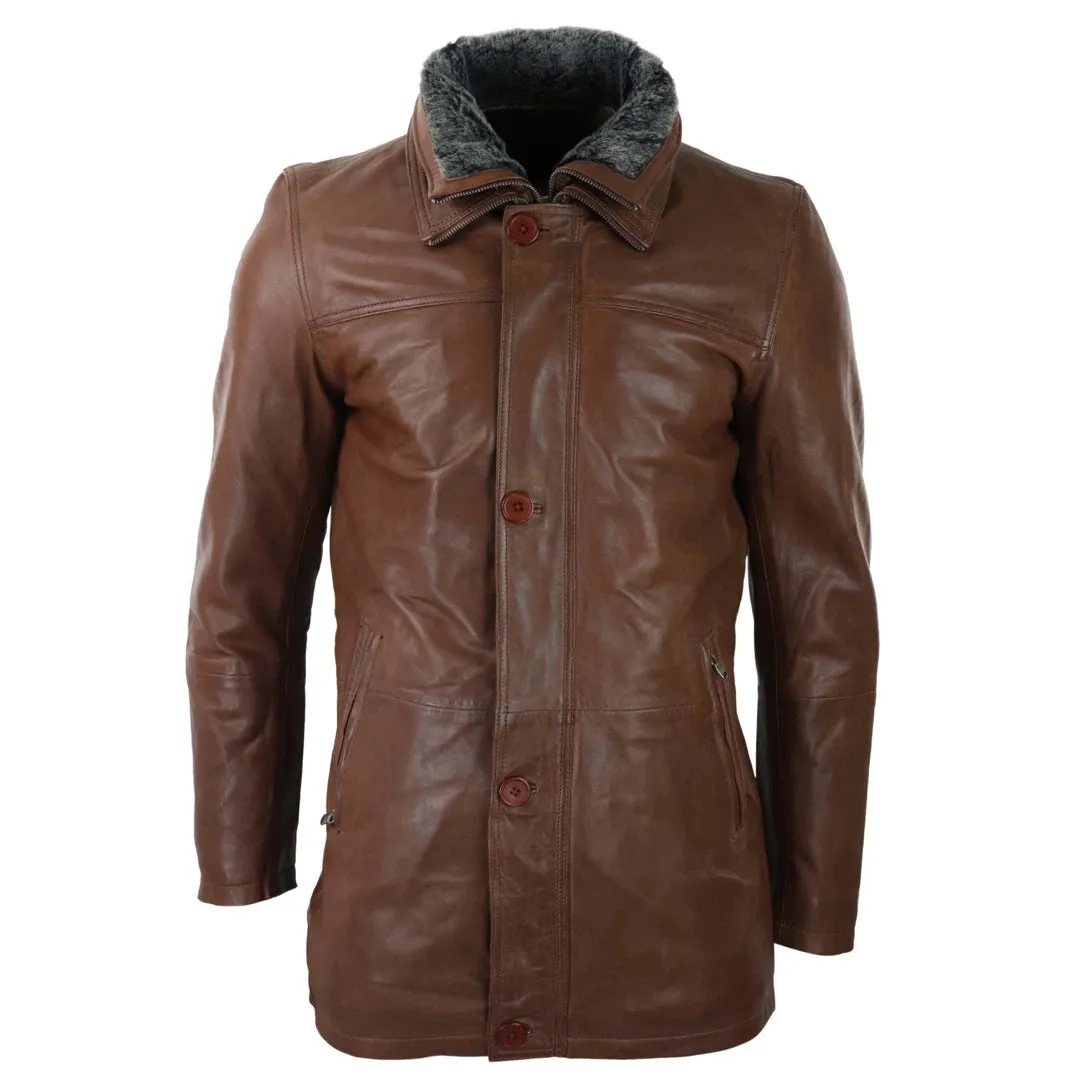 Men's 3/4 Long Leather Safari Jacket Classic Car Coat Zip Button Cover sold by Tru Clothing