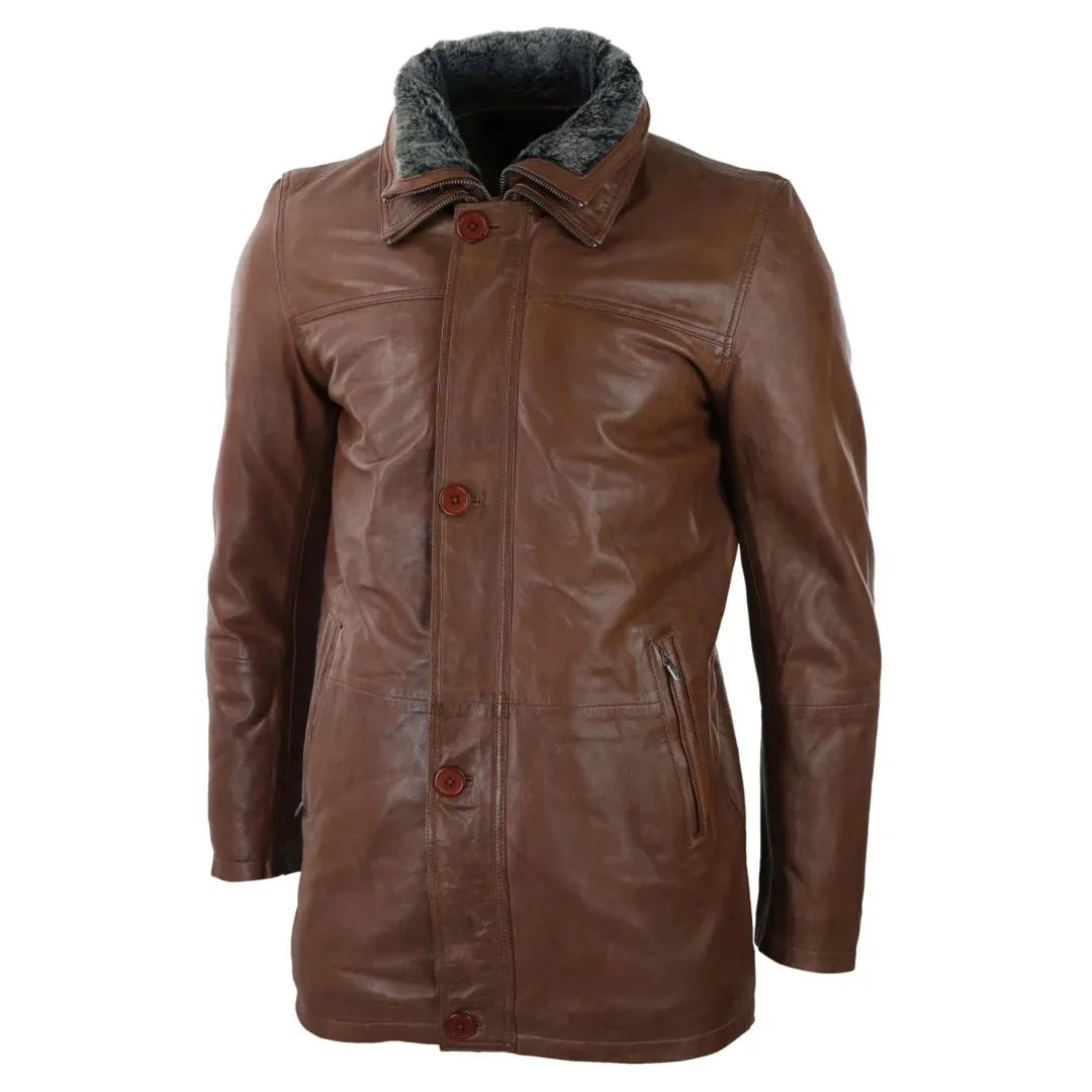 Men's 3/4 Long Leather Safari Jacket Classic Car Coat Zip Button Cover sold by Tru Clothing product image thumbnail 3