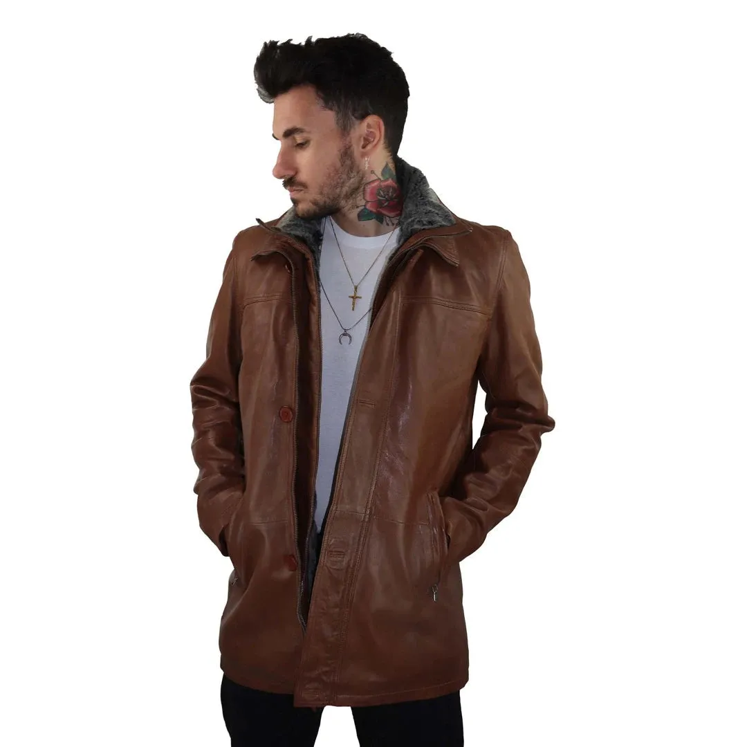 Men's 3/4 Long Leather Safari Jacket Classic Car Coat Zip Button Cover sold by Tru Clothing product image thumbnail 2