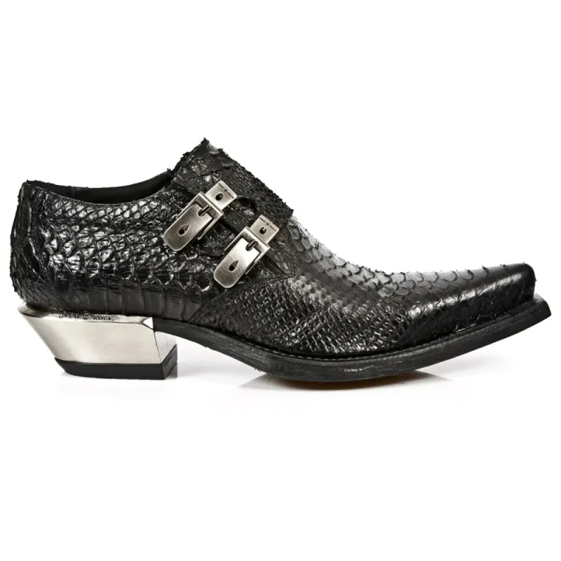 New Rock 7934-S2 Embossed Python Black Leather Buckle West Steel Heel Shoes Boot sold by Tru Clothing