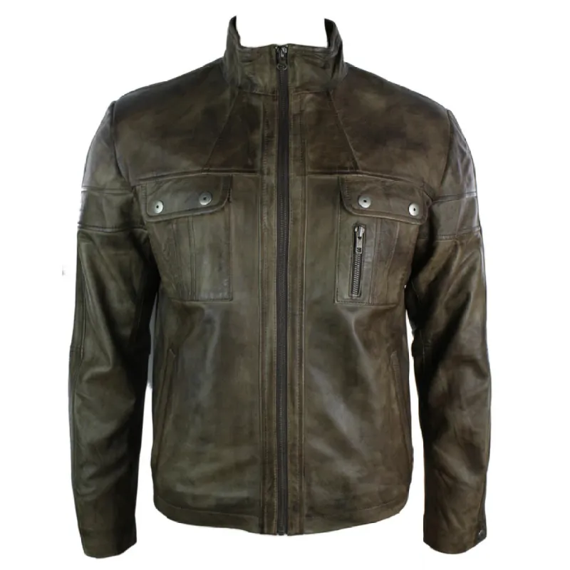 Men's Leather Jacket High Collar Brown Look sold by Tru Clothing