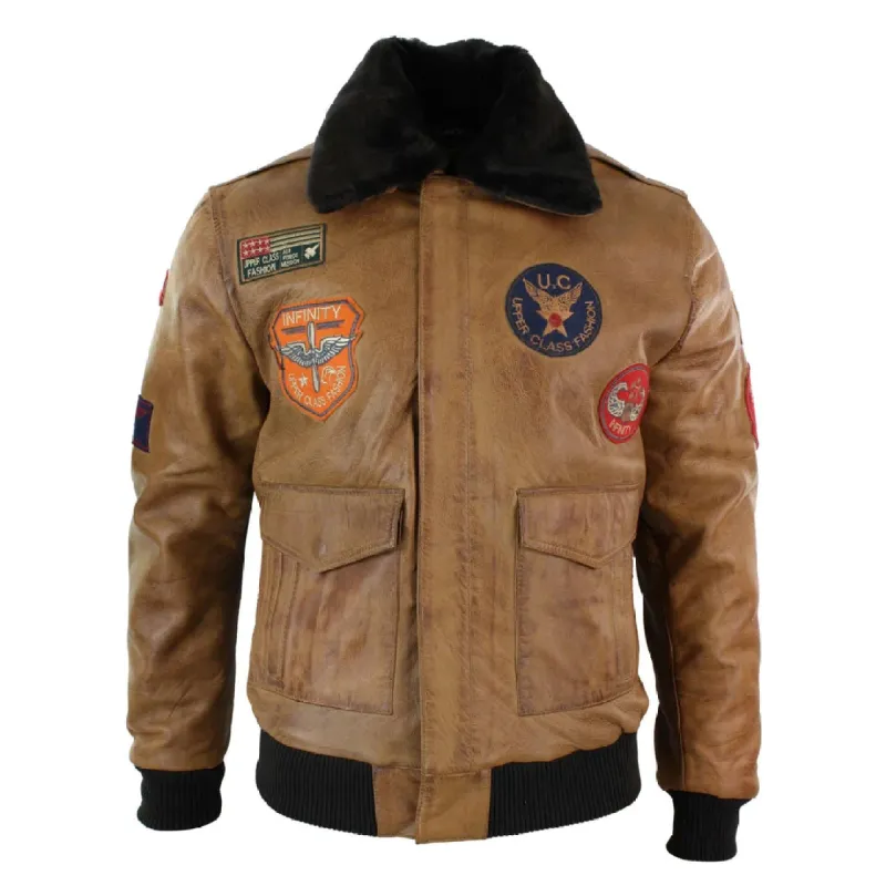 Men's Leather Air Force Pilot Bomber Jacket Tan Brown Badge sold by Tru Clothing