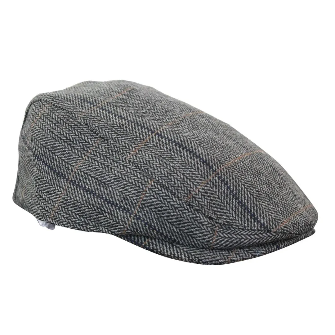 Albert - Men's Herringbone Tweed Wool Check Grandad Flat Hat sold by Tru Clothing