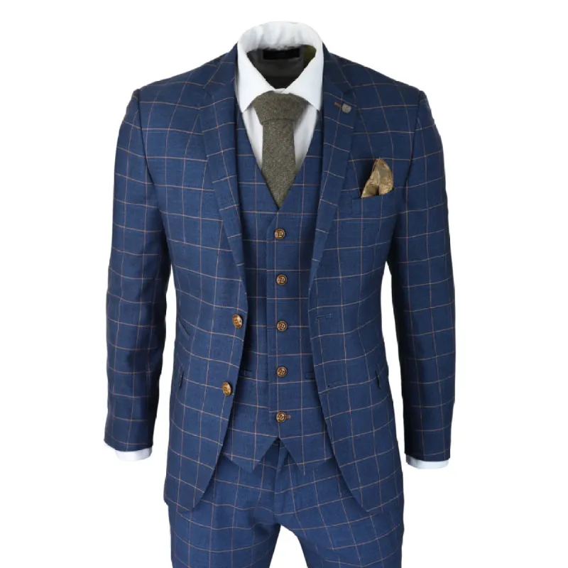 Hamleys - Men's 3 Piece Blue Orange Check Suit sold by Tru Clothing