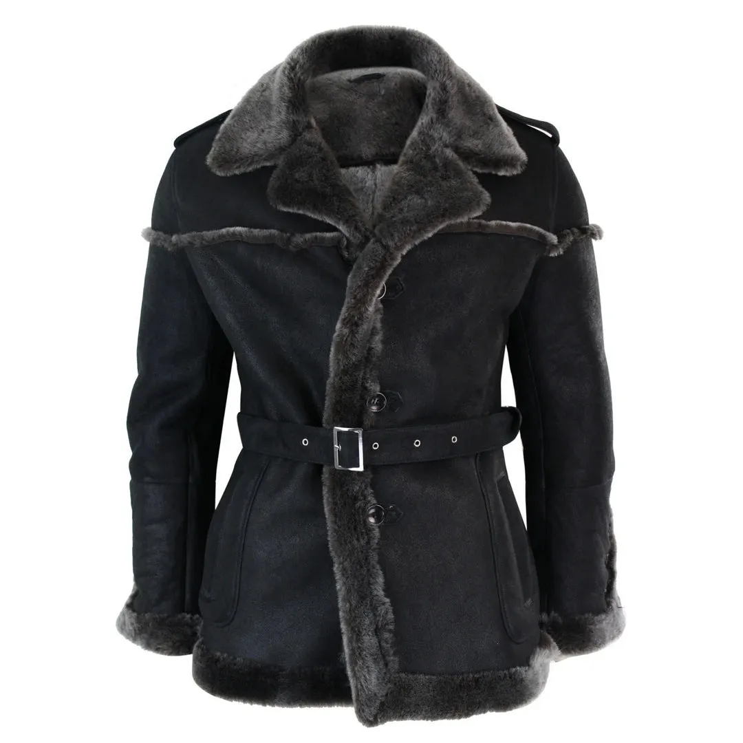 Men's Double Breasted Sherling Navy Captain Sheepskin Belted Jacket sold by Tru Clothing