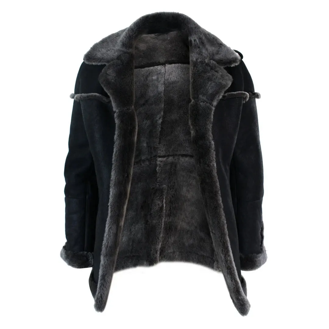 Men's Double Breasted Sherling Navy Captain Sheepskin Belted Jacket sold by Tru Clothing product image thumbnail 3
