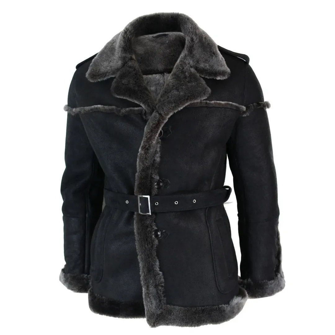 Men's Double Breasted Sherling Navy Captain Sheepskin Belted Jacket sold by Tru Clothing product image thumbnail 2
