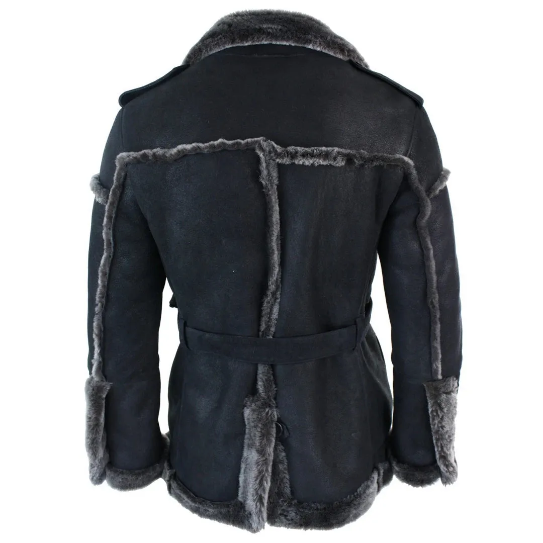Men's Double Breasted Sherling Navy Captain Sheepskin Belted Jacket sold by Tru Clothing product image thumbnail 5