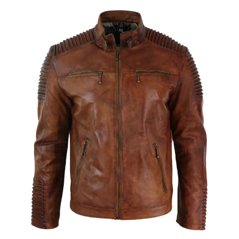 Men's Tan Brown Washed Leather Jacket Zipped sold by Tru Clothing