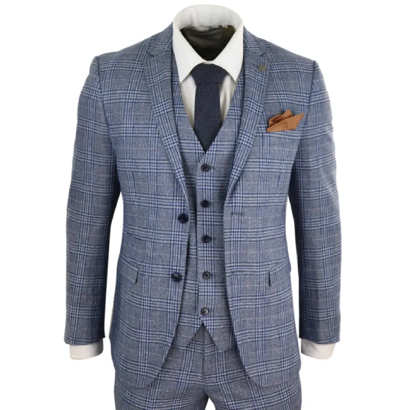Victor - Men's Blue 3 Piece Suit Navy Tan Check Classic Gatsby 1920s sold by Tru Clothing