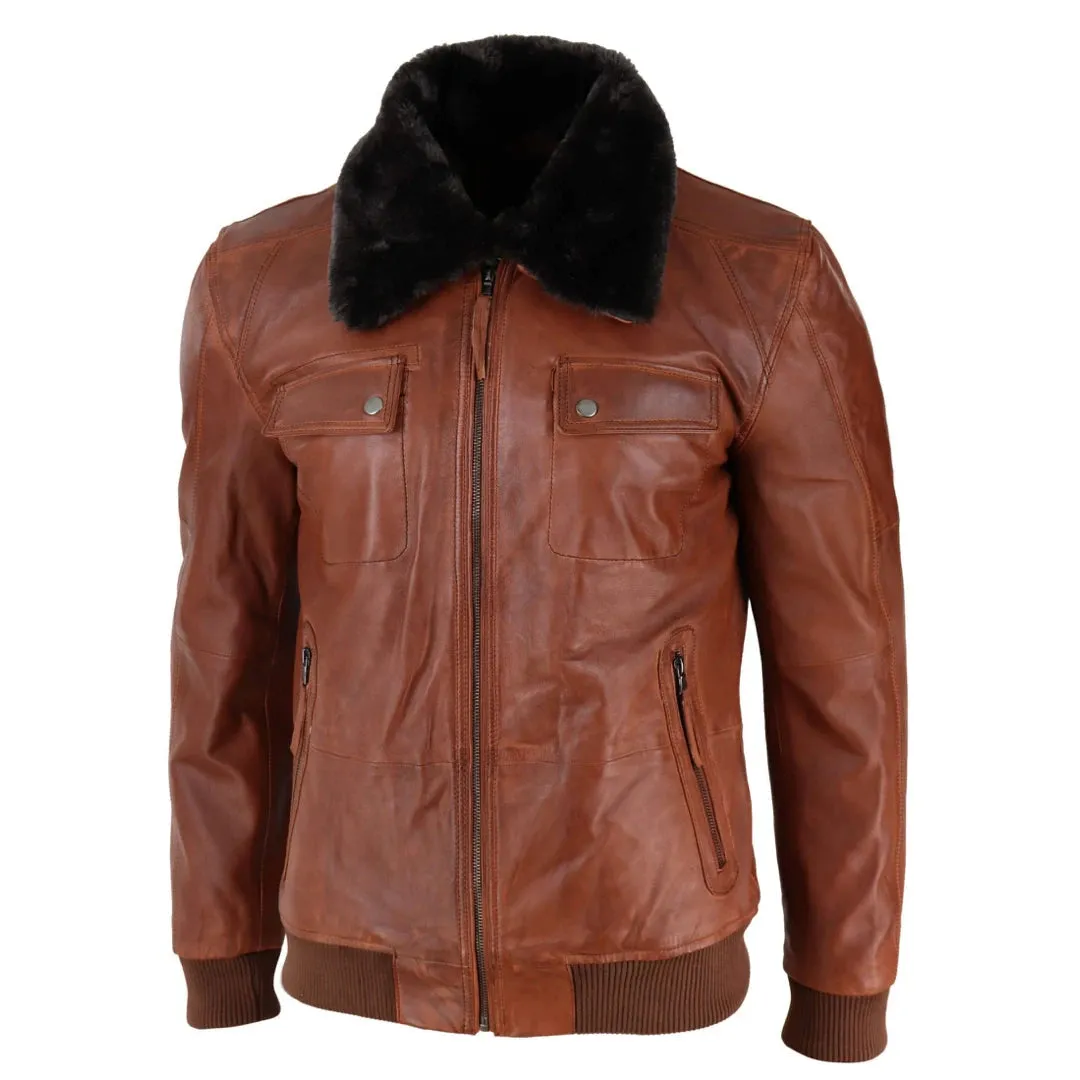 Men's Washed Rust Tan Brown Removable Fur Collar Pilot Leather Jacket sold by Tru Clothing product image thumbnail 2