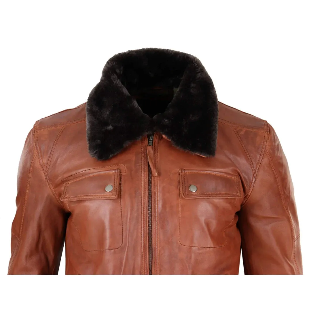 Men's Washed Rust Tan Brown Removable Fur Collar Pilot Leather Jacket sold by Tru Clothing product image thumbnail 3