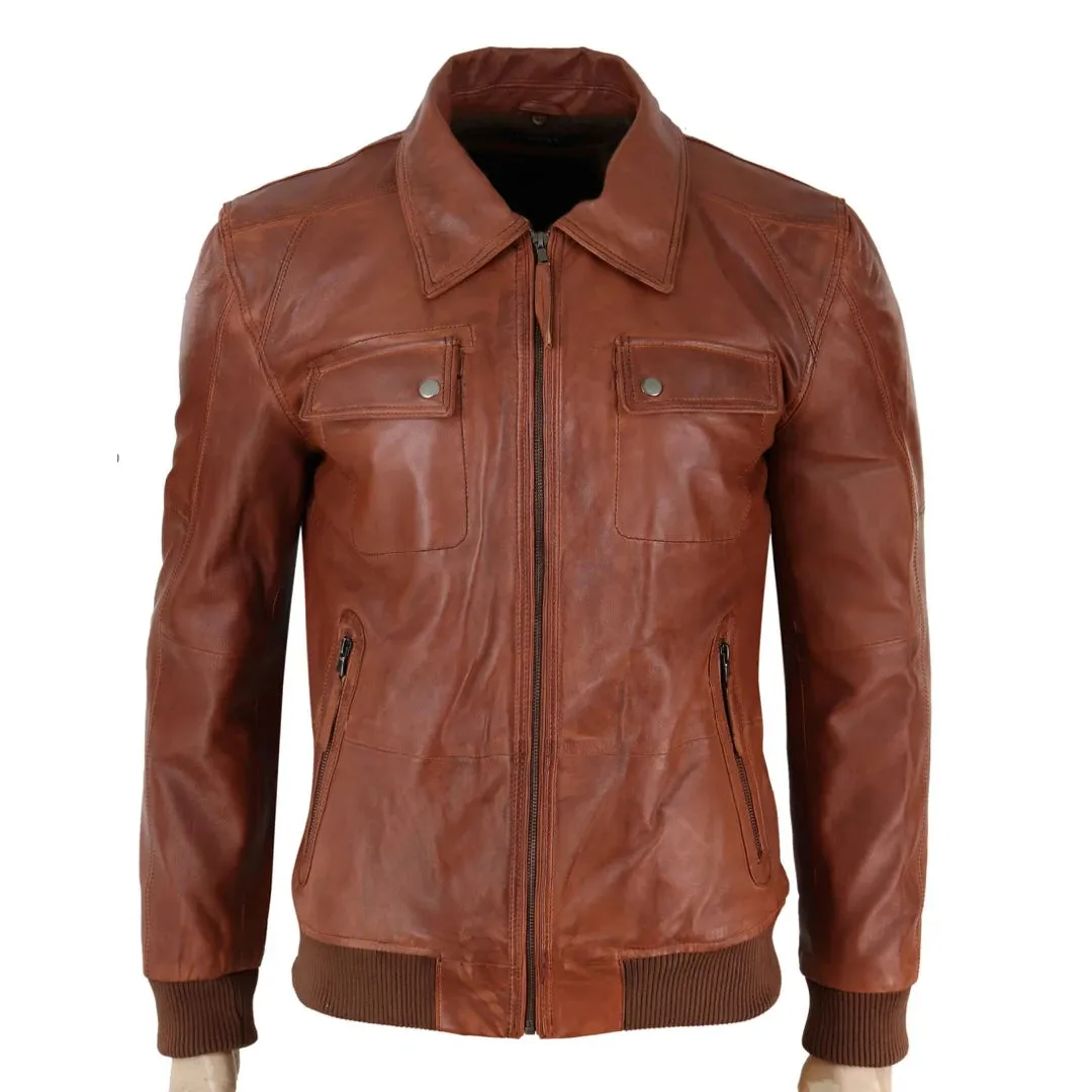 Men's Washed Rust Tan Brown Removable Fur Collar Pilot Leather Jacket sold by Tru Clothing product image thumbnail 5