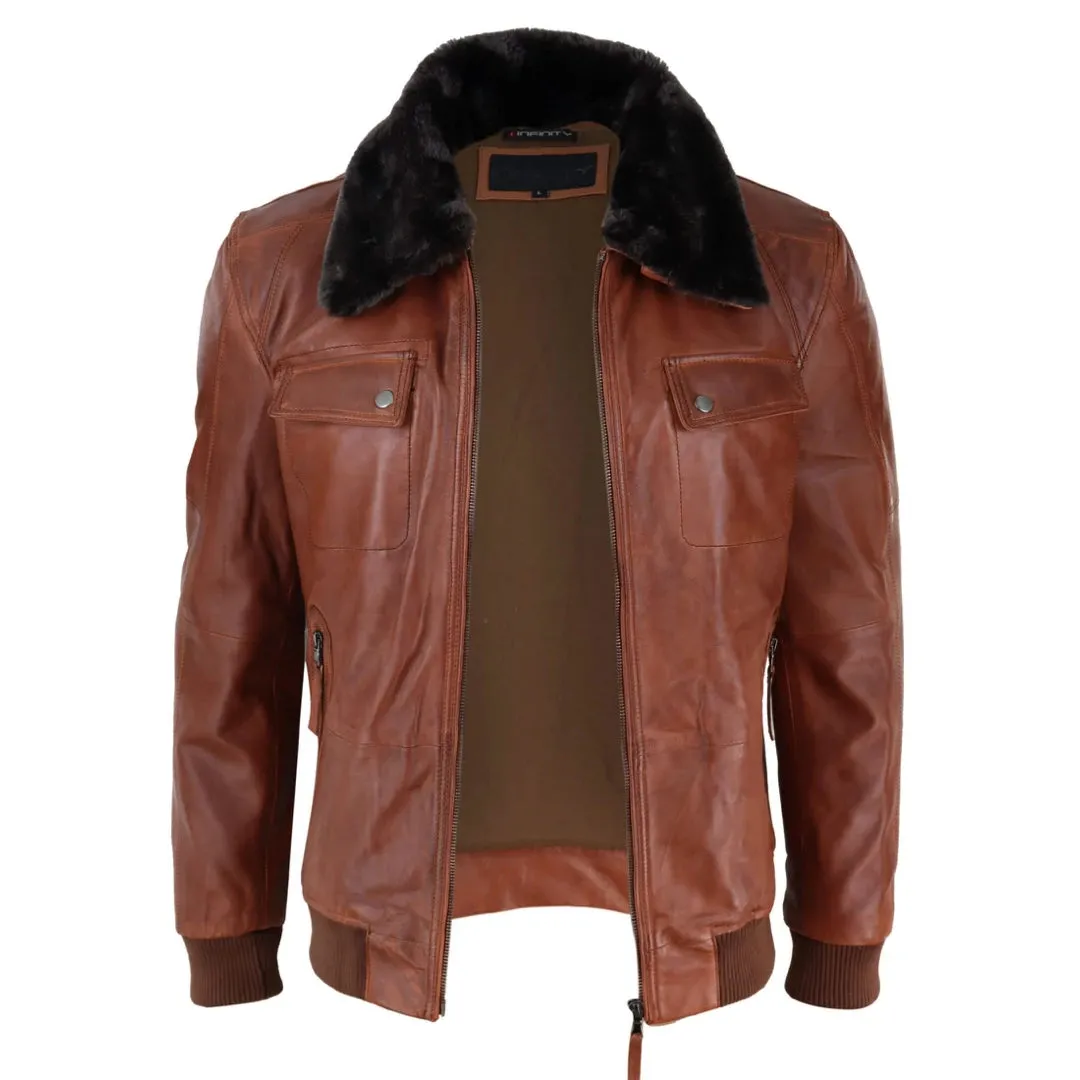 Men's Washed Rust Tan Brown Removable Fur Collar Pilot Leather Jacket sold by Tru Clothing product image thumbnail 4