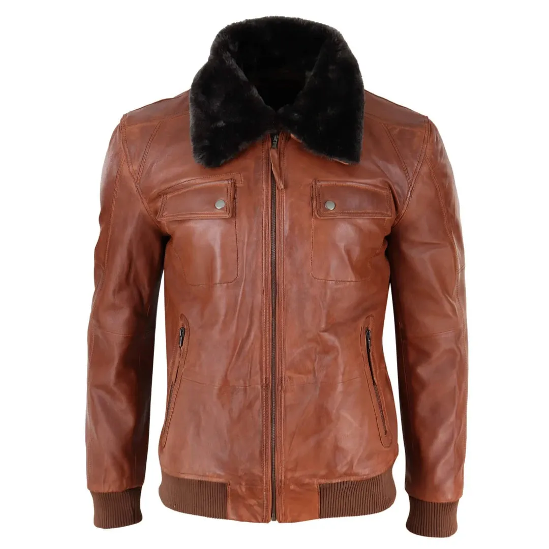Men's Washed Rust Tan Brown Removable Fur Collar Pilot Leather Jacket sold by Tru Clothing