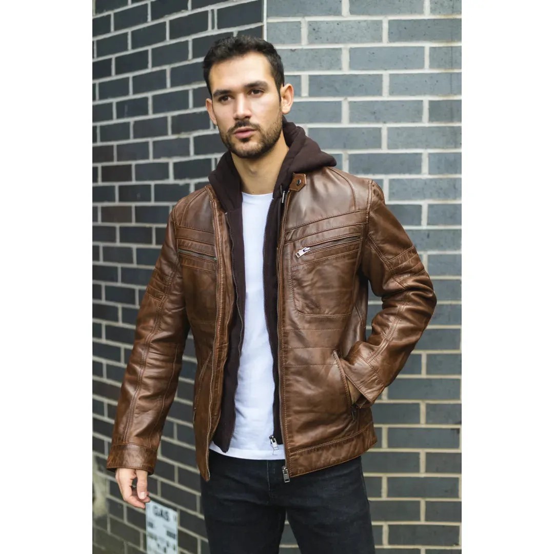 Men's Brown Hooded Genuine Leather Biker Jacket sold by Tru Clothing product image thumbnail 2