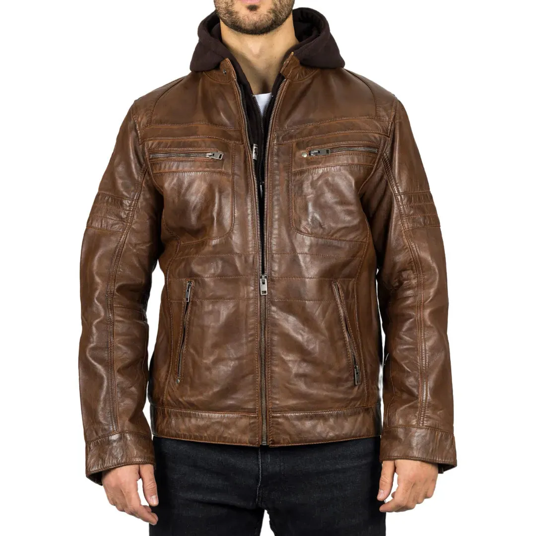 Men's Brown Hooded Genuine Leather Biker Jacket sold by Tru Clothing