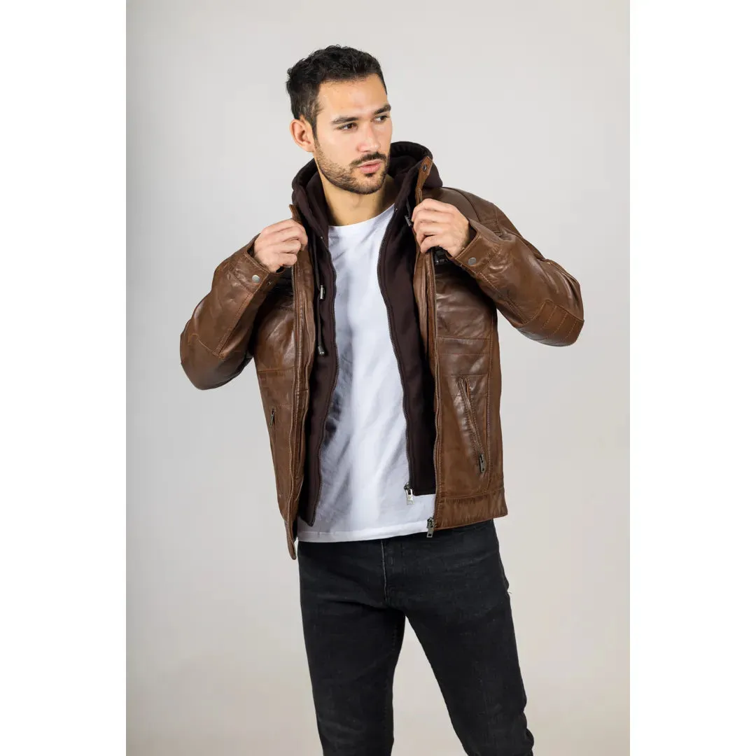 Men's Brown Hooded Genuine Leather Biker Jacket sold by Tru Clothing product image thumbnail 4