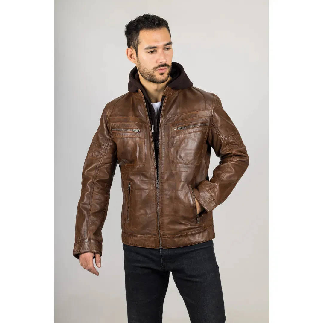 Men's Brown Hooded Genuine Leather Biker Jacket sold by Tru Clothing product image thumbnail 3