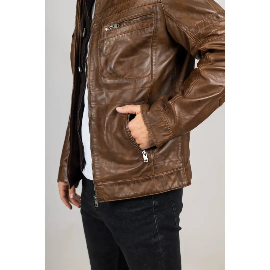 Men's Brown Hooded Genuine Leather Biker Jacket sold by Tru Clothing product image thumbnail 5