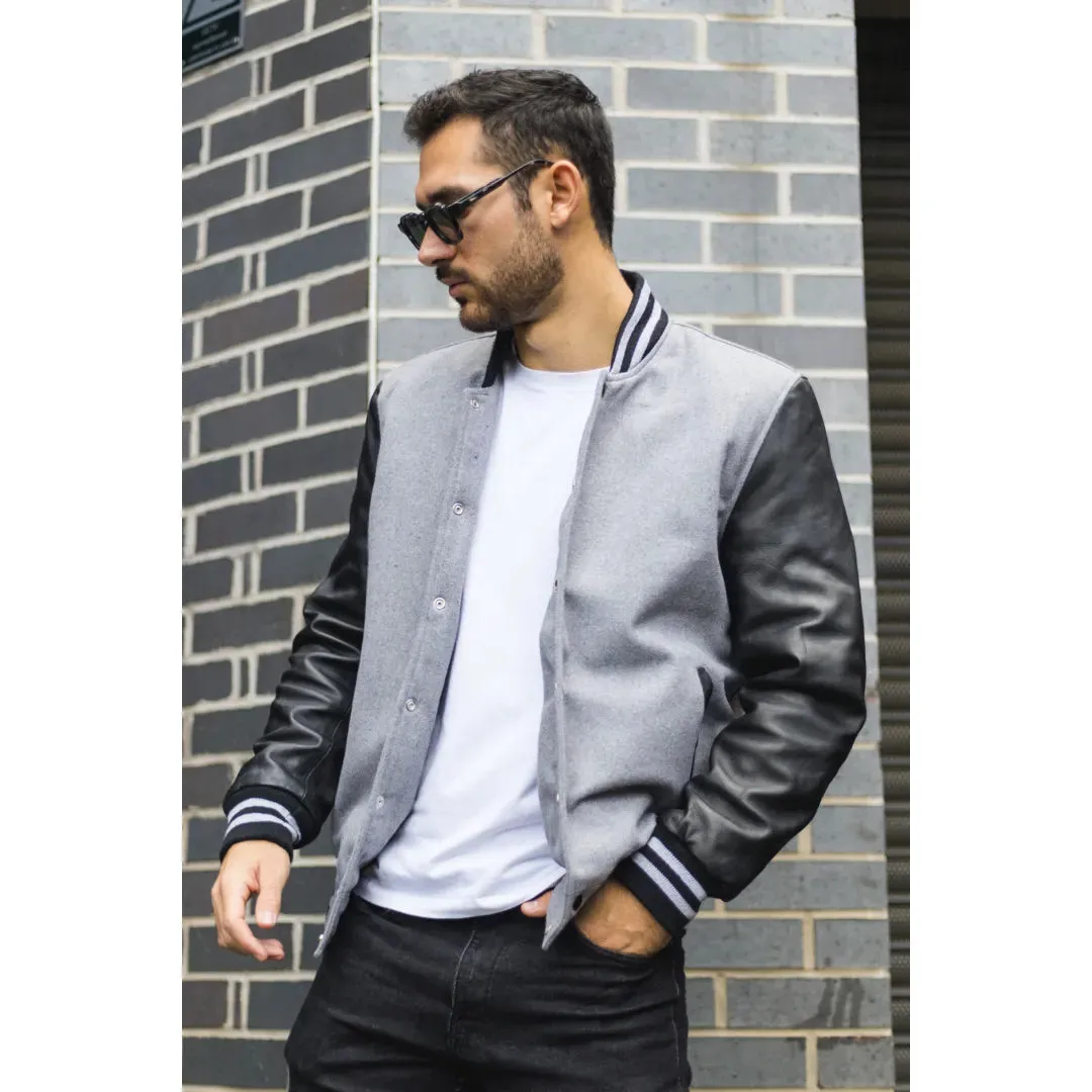 Men's Grey Black Varsity Bomber Jacket sold by Tru Clothing product image thumbnail 2