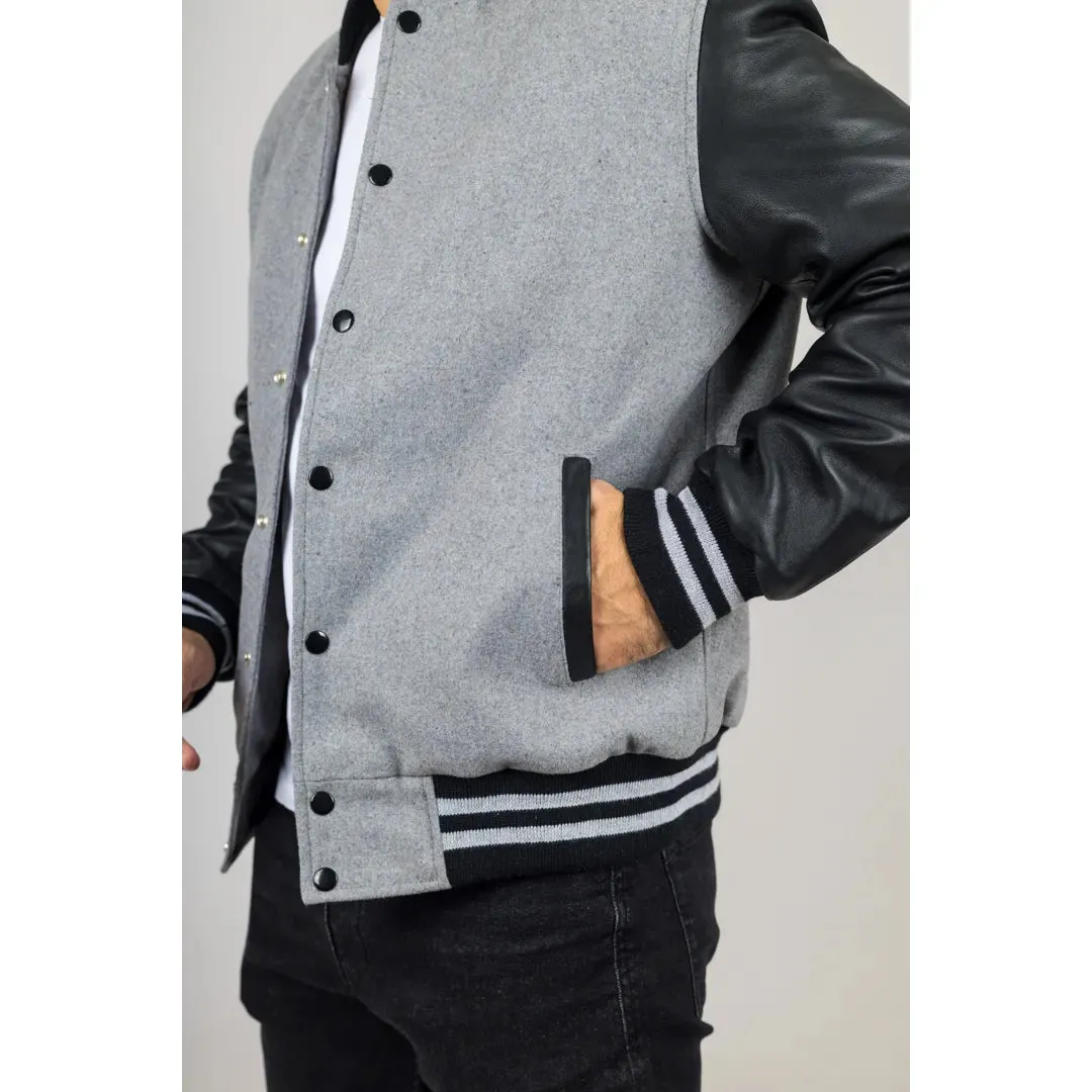 Men's Grey Black Varsity Bomber Jacket sold by Tru Clothing product image thumbnail 5