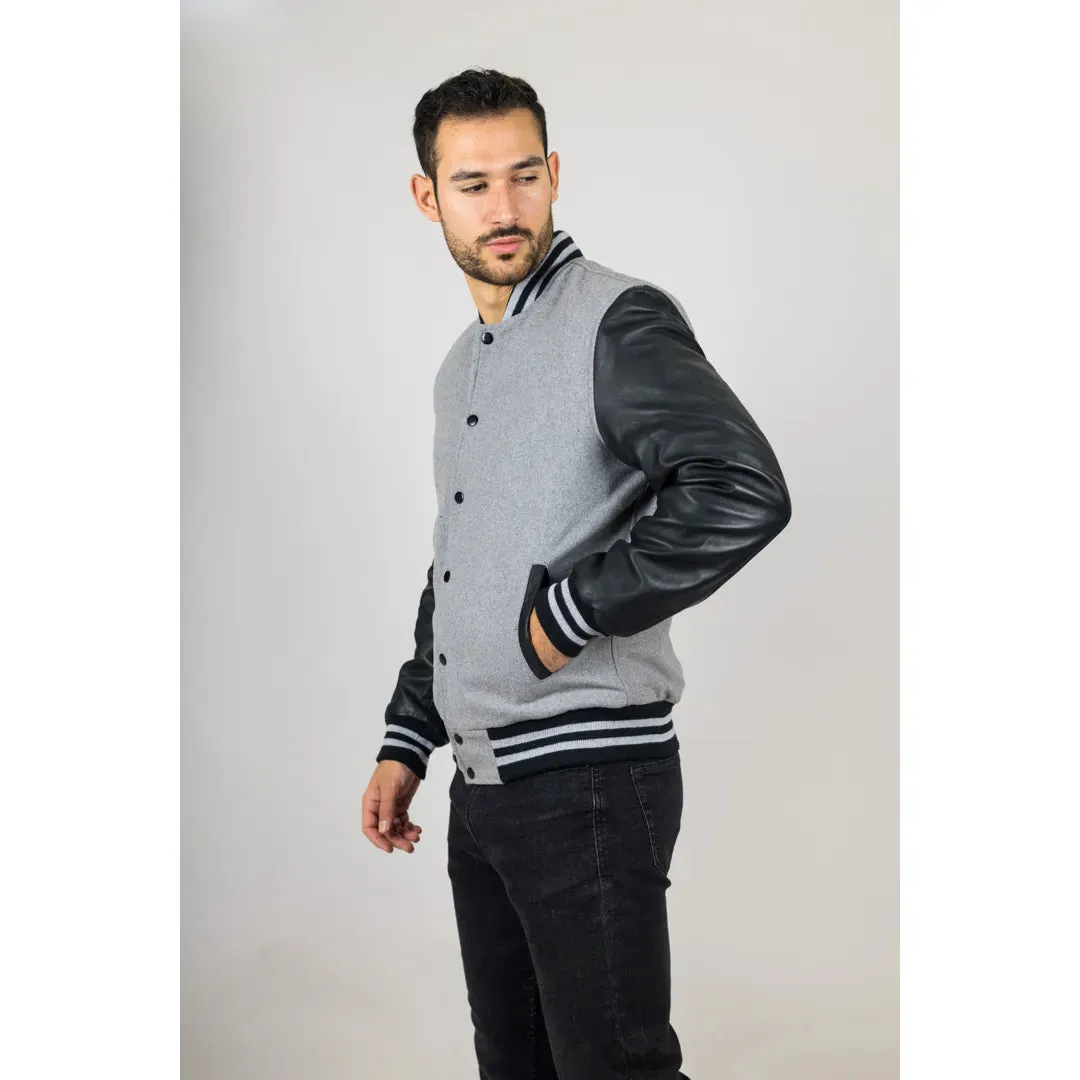 Men's Grey Black Varsity Bomber Jacket sold by Tru Clothing product image thumbnail 4