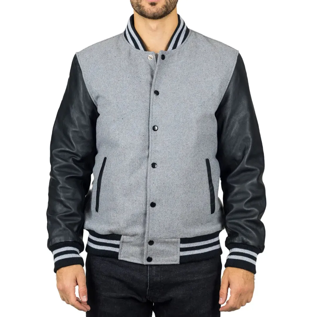 Men's Grey Black Varsity Bomber Jacket sold by Tru Clothing