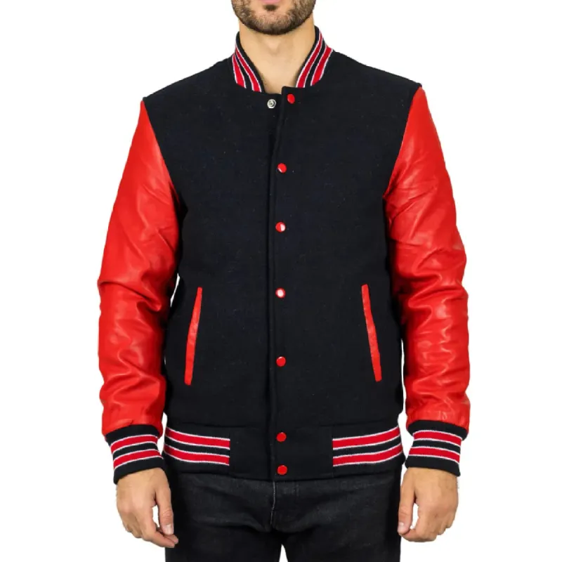 Men's Black Red Varsity Bomber Jacket sold by Tru Clothing