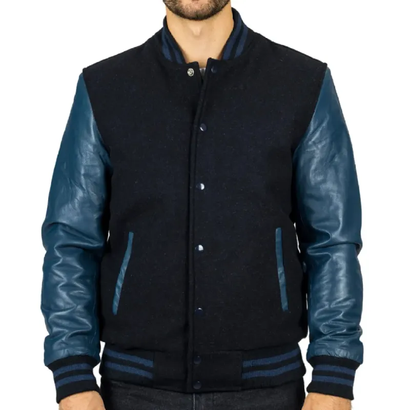 Men's Black Navy Varsity Bomber Jacket sold by Tru Clothing