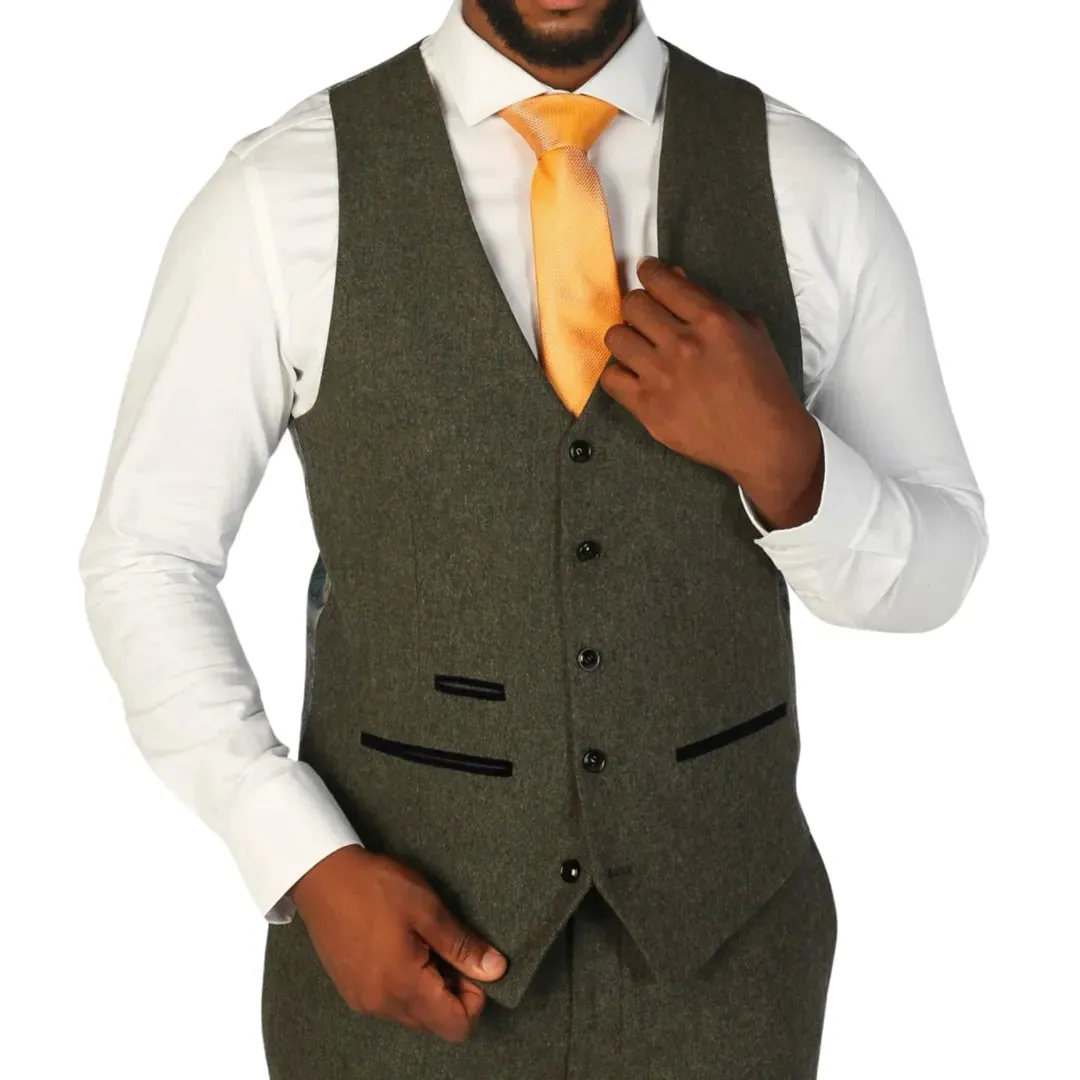 Oscar - Men's Olive Green Wool Blend Tweed Waistcoat sold by Tru Clothing
