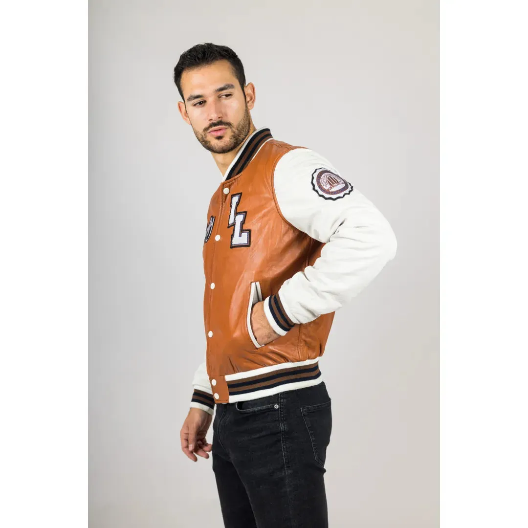 Men's Tan Brown Leather Letterman Bomber Jacket sold by Tru Clothing product image thumbnail 4