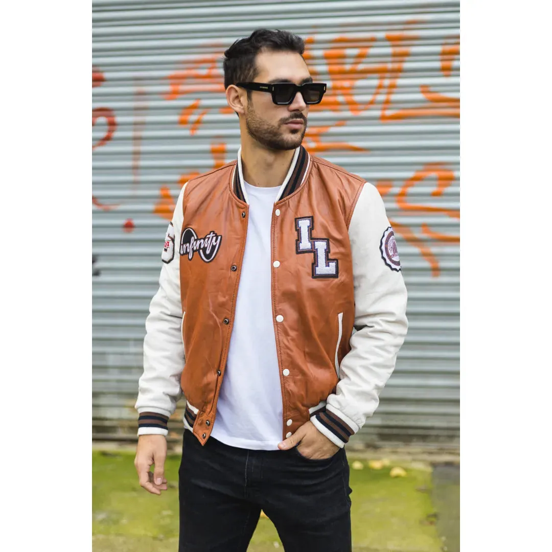 Men's Tan Brown Leather Letterman Bomber Jacket sold by Tru Clothing product image thumbnail 2