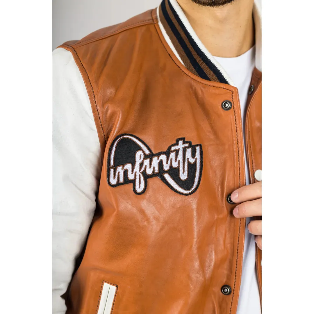 Men's Tan Brown Leather Letterman Bomber Jacket sold by Tru Clothing product image thumbnail 5