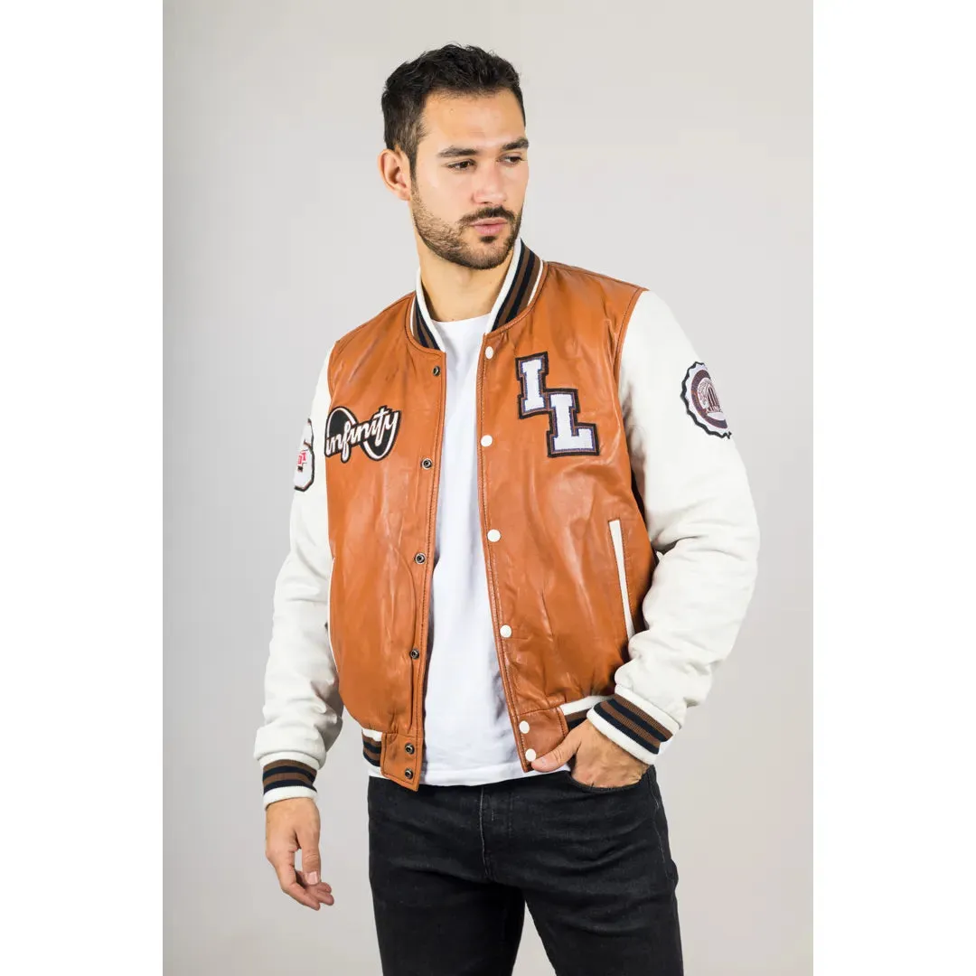 Men's Tan Brown Leather Letterman Bomber Jacket sold by Tru Clothing product image thumbnail 3