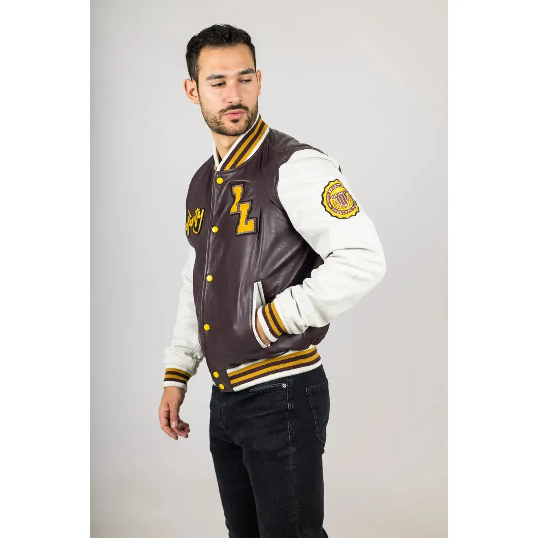 Men's Burgundy Leather Letterman Bomber Jacket sold by Tru Clothing product image thumbnail 4