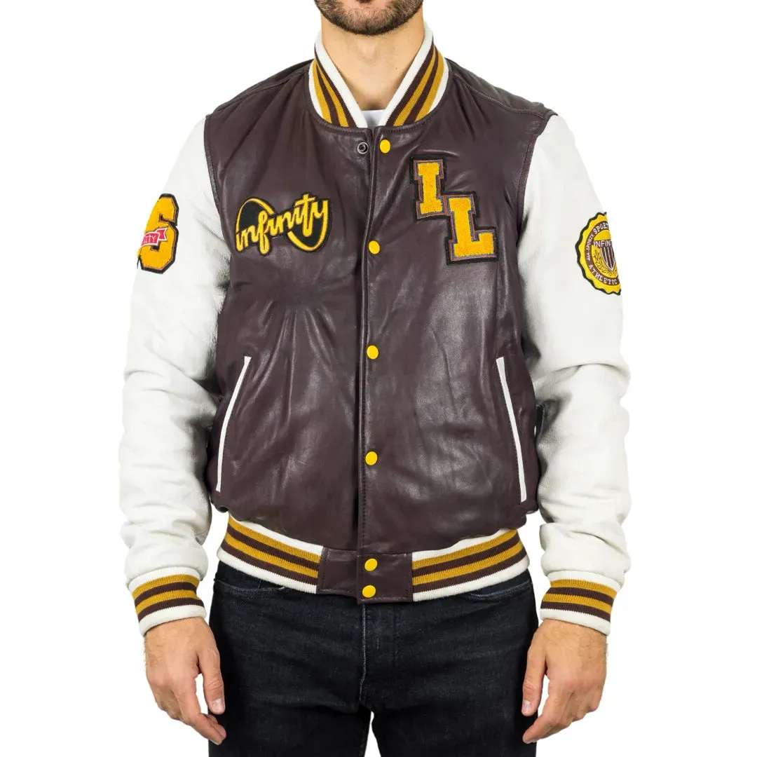 Men's Burgundy Leather Letterman Bomber Jacket sold by Tru Clothing