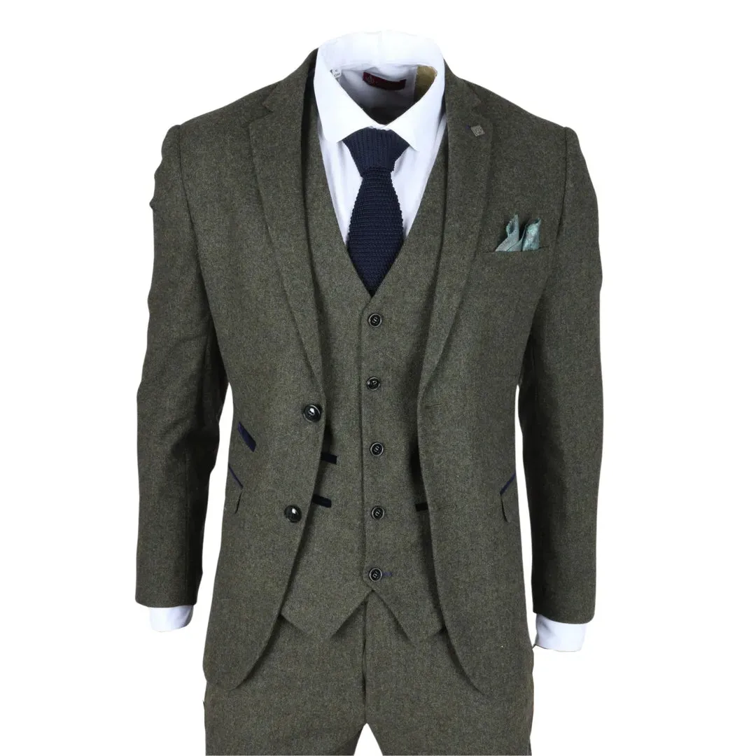 Oscar - Men's 3 Piece Olive Green Wool Blend Tweed Suit sold by Tru Clothing