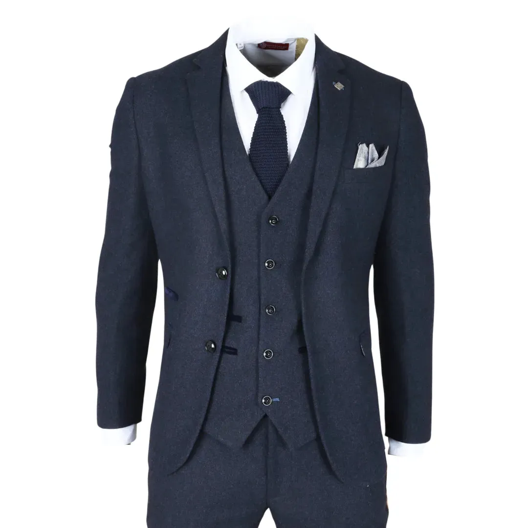Oscar - Men's 3 Piece Navy Blue Wool Blend Tweed Suit sold by Tru Clothing