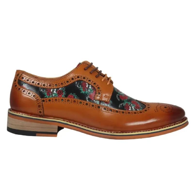 Ross - Men's Brown Floral Skull Print Leather Brogue Shoes sold by Tru Clothing