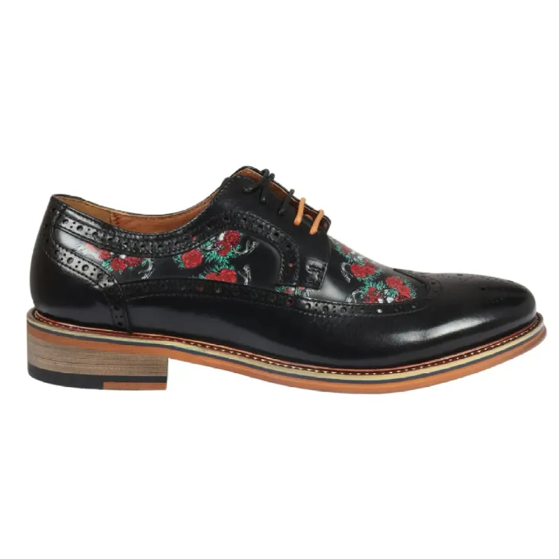 Ross - Men's Black Floral Skull Print Leather Brogue Shoes sold by Tru Clothing