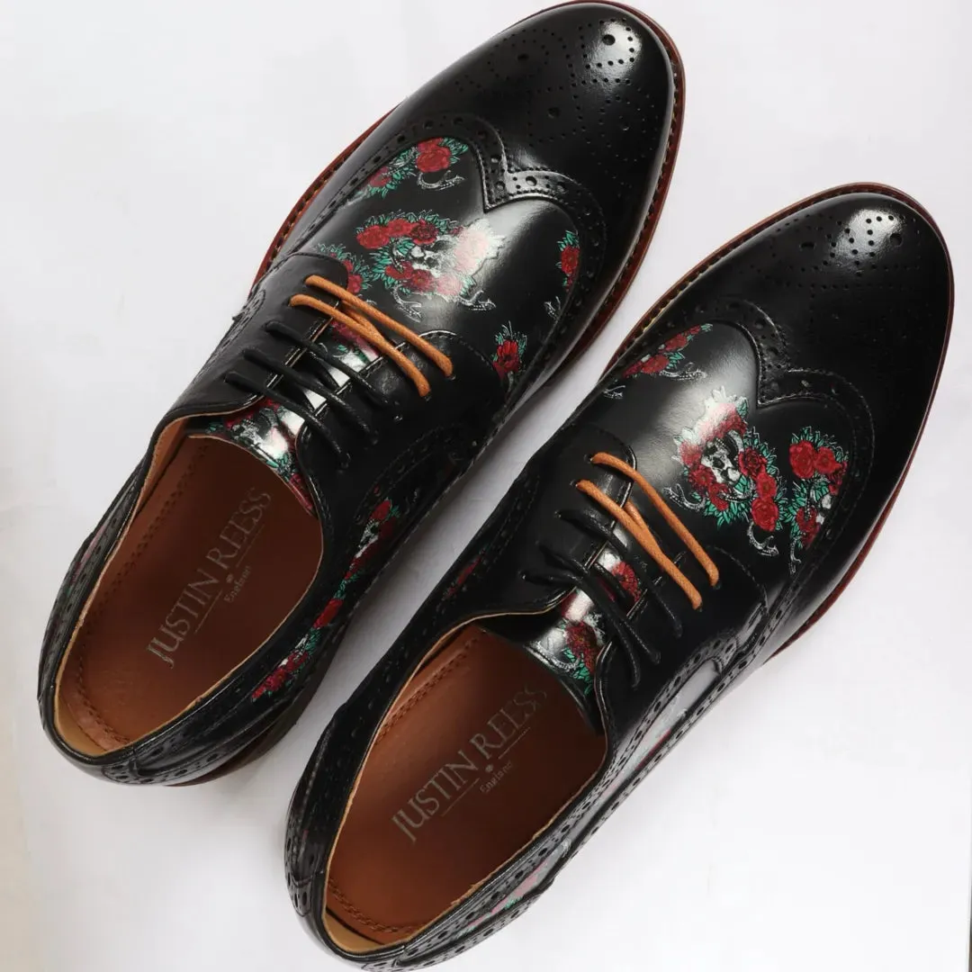 Ross - Men's Black Floral Skull Print Leather Brogue Shoes sold by Tru Clothing product image thumbnail 5