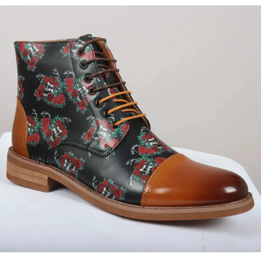 Adam - Men's Brown Floral Skull Print Leather Oxford Boots sold by Tru Clothing product image thumbnail 3